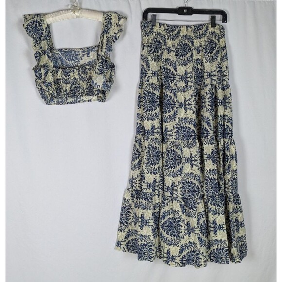 Women's Set L Cream Medallion Print Cap Sleeve Crop Top Maxi Skirt Pull On Comfy - Picture 7 of 9